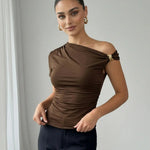 Brown Asymmetric Ruched Metal Detail Cropped Top