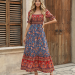 Floral Print Square Neck  Puff Sleeves Smocked  Maxi Dress