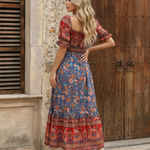 Floral Print Square Neck  Puff Sleeves Smocked  Maxi Dress