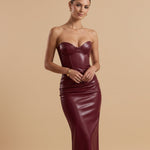 Wine Red Strapless Corset Leather Bodycon Maxi Dress