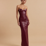 Wine Red Strapless Corset Leather Bodycon Maxi Dress