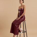 Wine Red Strapless Corset Leather Bodycon Maxi Dress