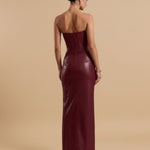 Wine Red Strapless Corset Leather Bodycon Maxi Dress