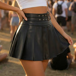 Black PU Faux Leather Double Buckle Belted Pleated Mini Skirt