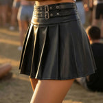 Black PU Faux Leather Double Buckle Belted Pleated Mini Skirt