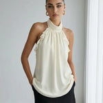 Elegant Beige Halter Neck Backless Ruffled Loose Top