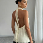 Elegant Beige Halter Neck Backless Ruffled Loose Top