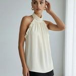 Elegant Beige Halter Neck Backless Ruffled Loose Top