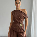 Brown One Shoulder Metal Buckle Top And Short Set