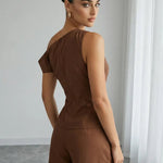 Brown One Shoulder Metal Buckle Top And Short Set
