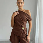 Brown One Shoulder Metal Buckle Top And Short Set