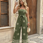 Green Strapless Embroidered Wide Leg Jumpsuit