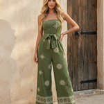 Green Strapless Embroidered Wide Leg Jumpsuit