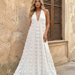 White Swiss Dot Plunge Halter Neck Maxi Dress