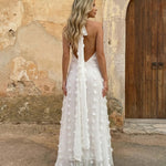 White Swiss Dot Plunge Halter Neck Maxi Dress