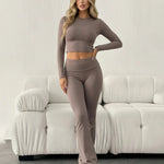 Brown Long Sleeve Mini Cropped Top And Pants Set