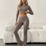 Brown Long Sleeve Mini Cropped Top And Pants Set