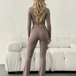 Brown Long Sleeve Mini Cropped Top And Pants Set