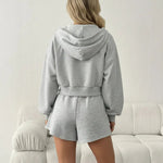 Gray Cropped Zip-Up Hoodie And Shorts Set