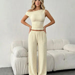 Apricot Asymmetrical Mini Cropped Top And Wide-Leg Pants Set
