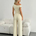 Apricot Asymmetrical Mini Cropped Top And Wide-Leg Pants Set