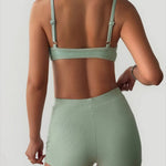 Green Ribbed Triangle Bralette And High-Waisted Shorts Set