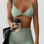 Green Ribbed Triangle Bralette And High-Waisted Shorts Set