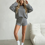 White Striped Long Sleeve Sweatshirt And Shorts Set