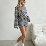 White Striped Long Sleeve Sweatshirt And Shorts Set