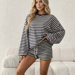 White Striped Long Sleeve Sweatshirt And Shorts Set