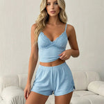 Blue Lace Trim Ribbed Cami And Shorts Set