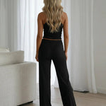 Black Knit Halter Tank Top And Wide-Leg Pants Set