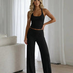Black Knit Halter Tank Top And Wide-Leg Pants Set
