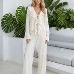 V-Neck Ruffle Trim Tie Front Blouse Wide-Leg Flowy Pants Set