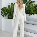 V-Neck Ruffle Trim Tie Front Blouse Wide-Leg Flowy Pants Set