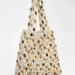 Boho Crochet Beaded Mesh Tote Bag
