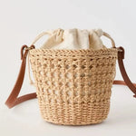 Hand-Woven Straw Drawstring Bucket Crossbody Bag
