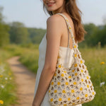 Hand-Crocheted Daisy Flower Mesh Tote Shoulder Bag