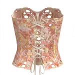 Pink Yellow Tie Dye Strapless Lace Embroidered Sheer Corset Crop Top