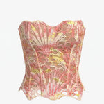 Pink Yellow Tie Dye Strapless Lace Embroidered Sheer Corset Crop Top
