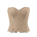 Nude Beige Elegant Strapless Lace Embroidered Corset Crop Top