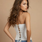 White Romantic Strapless Lace Embroidered Sheer Corset Crop Top