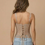 Nude Beige Lace Spaghetti Strap Embroidered Corset Crop Top