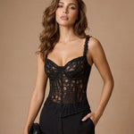 Black Lace Spaghetti Strap Embroidered Corset Crop Top