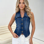Blue Denim Collared Button Front Regular Length Vest