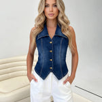 Blue Denim Collared Button Front Regular Length Vest