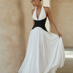Colorblock Halter Deep V Neck Backless Flowy Maxi Dress