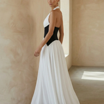 Colorblock Halter Deep V Neck Backless Flowy Maxi Dress