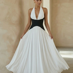 Colorblock Halter Deep V Neck Backless Flowy Maxi Dress