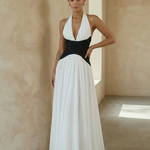 Colorblock Halter Deep V Neck Backless Flowy Maxi Dress